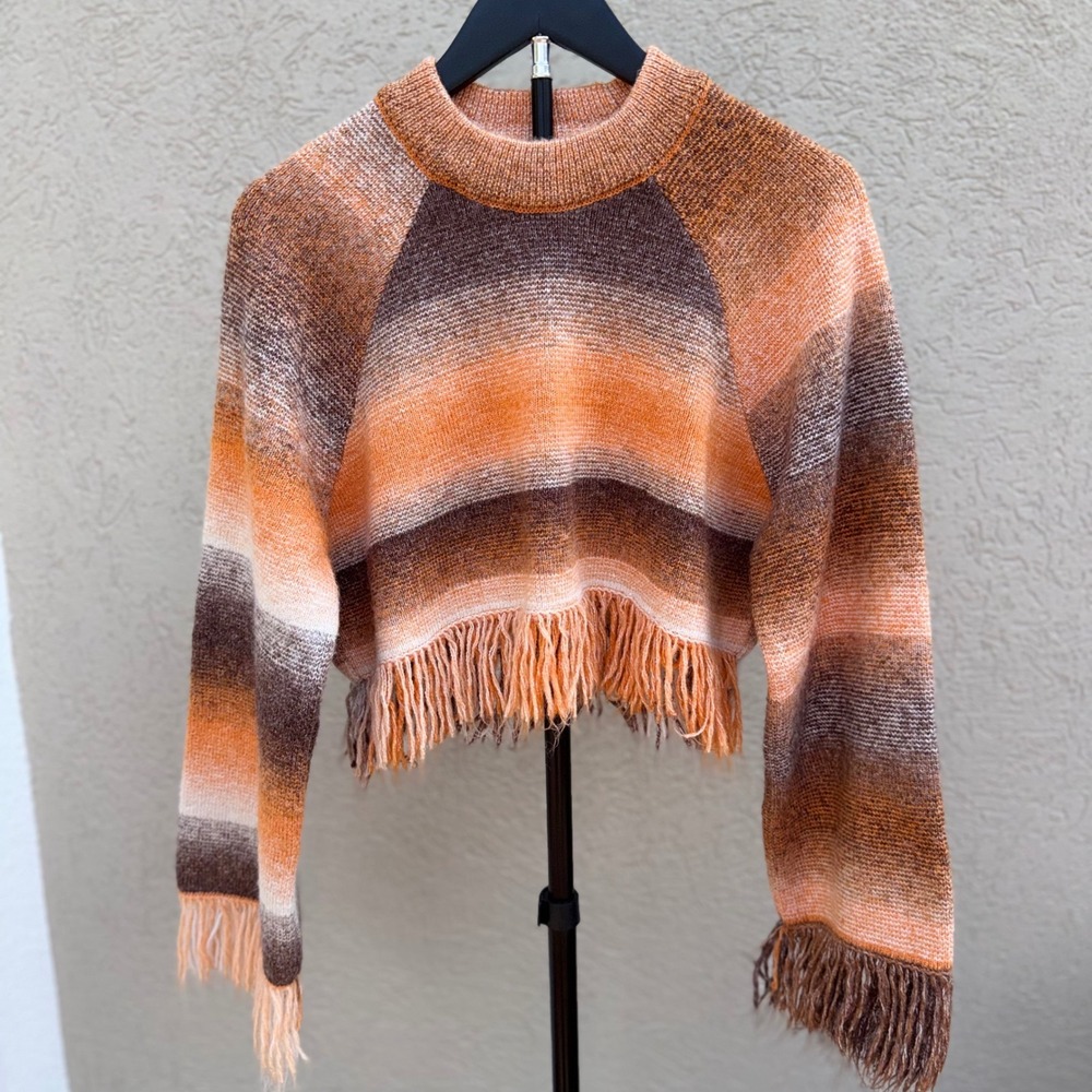 Zara Cropped Fringe Striped Sweater Orange Brown Small Boho Ombre EUC